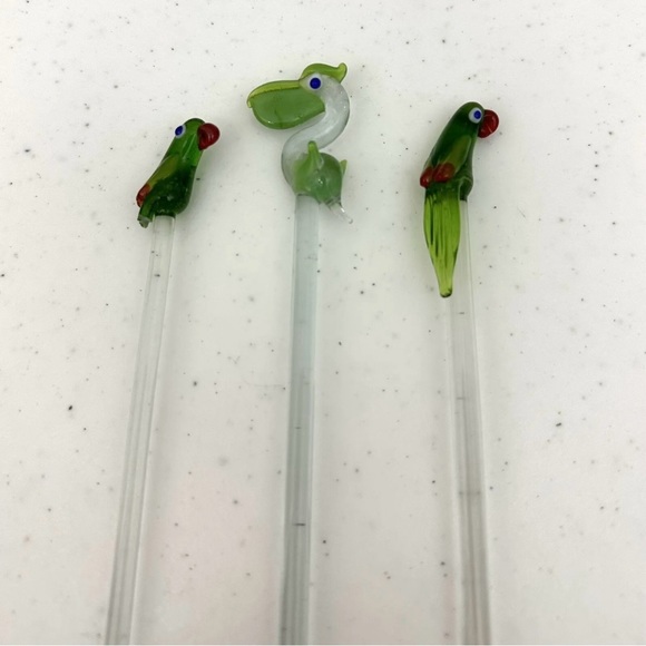 Hand Blown Glass Tropical Birds Bar Stir Swizzle Sticks Drink Stirrers Set Of 3 - Picture 2 of 10